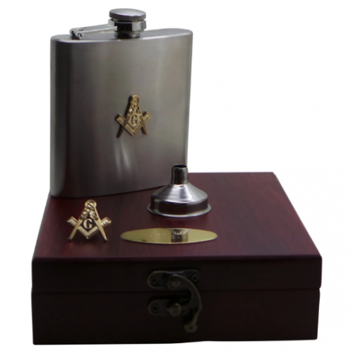 Freemason Hip Flask and Gold Lapel Pin With Personalised Plaque Freemason Hip Flask and Gold Lapel Pin With Personalised Plaque